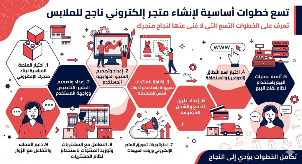 إنفوجرافيك عربي يوضح تسع خطوات أساسية لإنشاء متجر إلكتروني ناجح للملابس مع شرح بصري لكل خطوة