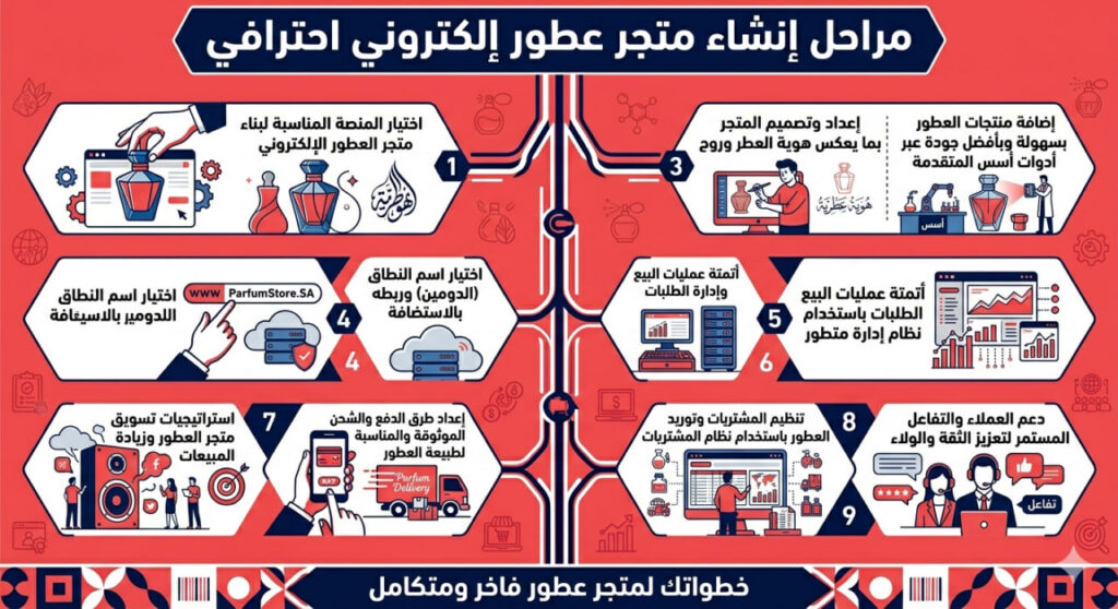 إنفوجرافيك عربي يوضح مراحل إنشاء متجر إلكتروني احترافي للعطور مع خطوات تصميم المتجر، إضافة المنتجات، إعداد الدفع والشحن، وإدارة المشتريات والعملاء