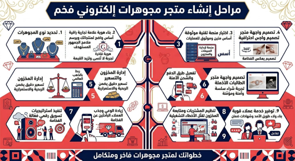 إنفوجرافيك عربي يوضح مراحل إنشاء متجر مجوهرات إلكتروني فاخر عبر تسع خطوات تشمل الهوية، المنصة، التصميم، التسويق، وإدارة المخزون والعملاء