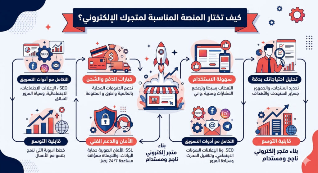 إنفوجرافيك عربي يوضح كيفية اختيار المنصة المناسبة لإنشاء متجر إلكتروني عبر ستة معايير تشمل الاحتياجات، سهولة الاستخدام، الدفع والشحن، الأمان، التسويق، وقابلية التوسع