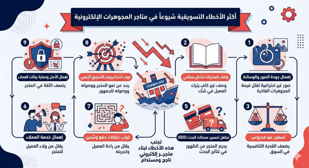 إنفوجرافيك عربي يوضح أكثر الأخطاء التسويقية شيوعاً في متاجر المجوهرات الإلكترونية عبر تسع نقاط تشمل الصور، الوصف، التسعير، الأمان، وخدمة العملاء