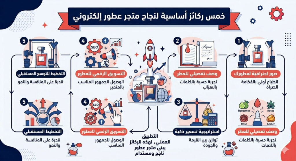 إنفوجرافيك عربي يوضح خمس ركائز أساسية لنجاح متجر عطور إلكتروني تشمل الصور الاحترافية، الوصف التفصيلي، التسعير الذكي، التسويق الرقمي، والتوسع المستقبلي