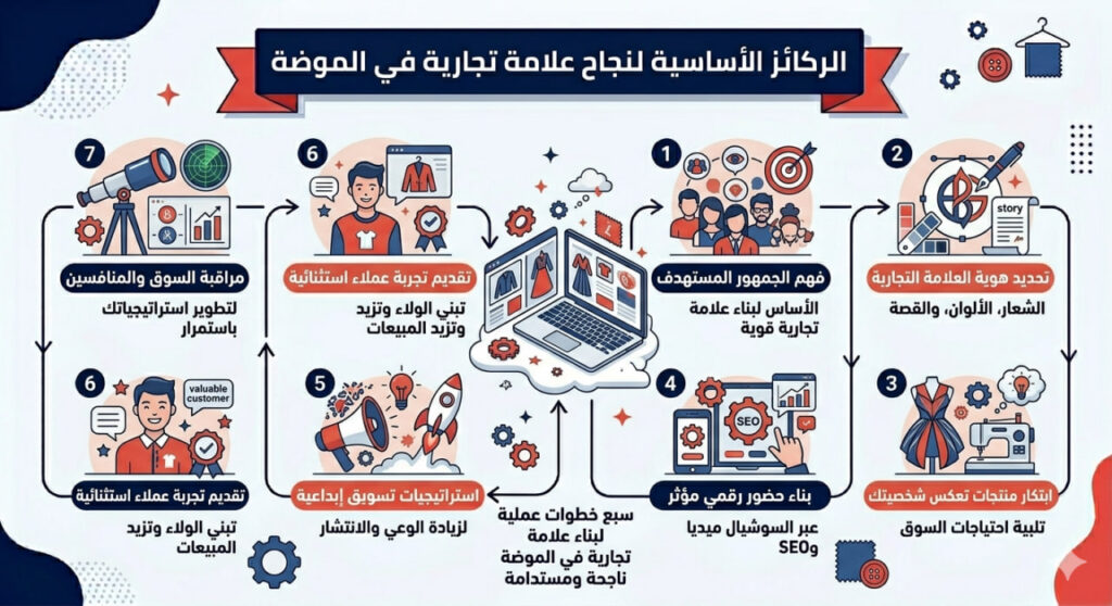 إنفوجرافيك عربي يوضح الركائز الأساسية لنجاح علامة تجارية في الموضة عبر سبع خطوات تشمل فهم الجمهور، الهوية، المنتجات، الحضور الرقمي، التسويق الإبداعي، تجربة العملاء، ومراقبة المنافسين