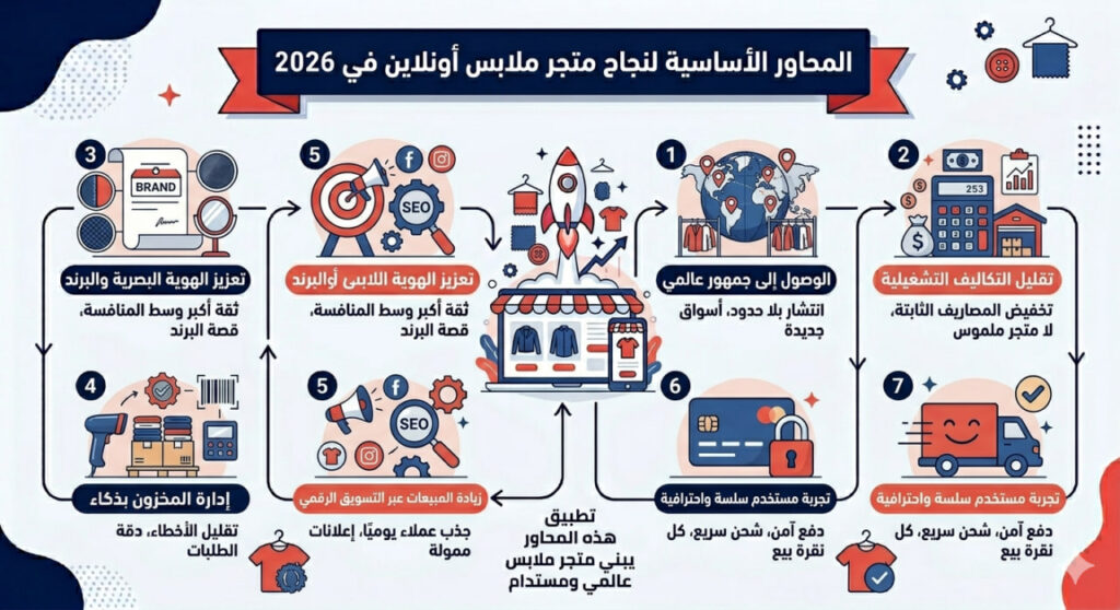 إنفوجرافيك عربي يوضح المحاور الأساسية لنجاح متجر ملابس إلكتروني في 2026 عبر سبعة عناصر تشمل الوصول العالمي، تقليل التكاليف، الهوية البصرية، إدارة المخزون، التسويق الرقمي، تجربة المستخدم، والهوية اللفظية