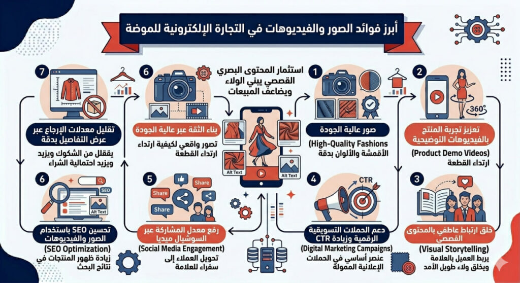 إنفوجرافيك عربي يوضح أبرز فوائد استخدام الصور والفيديوهات في التجارة الإلكترونية للموضة عبر سبع نقاط تشمل الجودة، الفيديوهات التوضيحية، السرد البصري، الحملات الرقمية، التفاعل، بناء الثقة، وتقليل الإرجاع