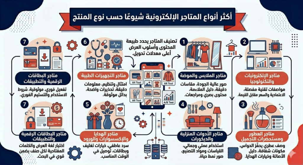 إنفوجرافيك عربي يوضح أكثر أنواع المتاجر الإلكترونية شيوعاً حسب نوع المنتج عبر سبعة تصنيفات تشمل الملابس، الإلكترونيات، العطور، الأدوات المنزلية، الهدايا، التجهيزات الطبية، والبطاقات الرقمية
