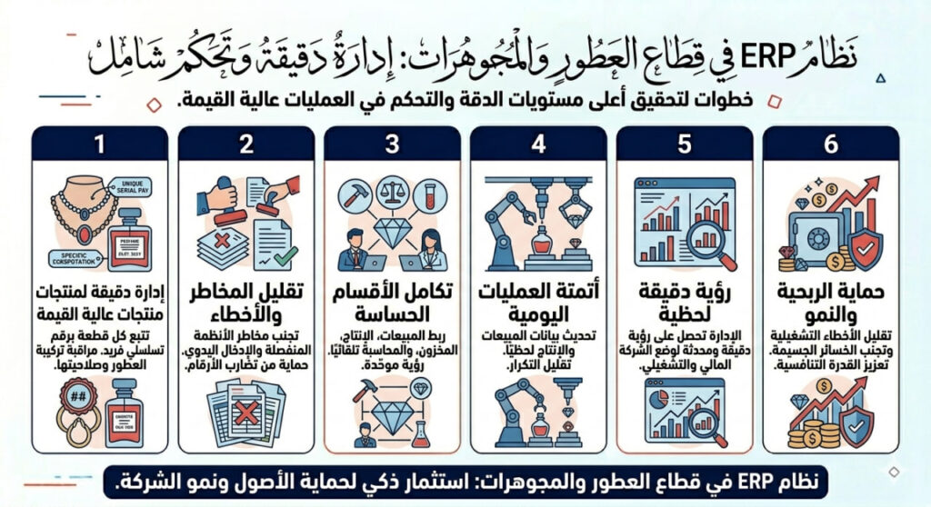 إنفوجرافيك عربي يوضح دور نظام ERP في قطاع العطور والمجوهرات عبر ستة محاور تشمل إدارة المنتجات عالية القيمة، تقليل المخاطر، تكامل الأقسام، أتمتة العمليات، الرؤية اللحظية، وحماية الربحية