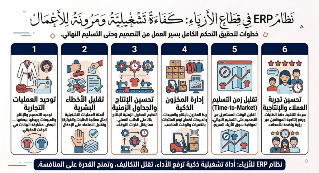 إنفوجرافيك عربي يوضح دور نظام ERP في قطاع الأزياء عبر ستة محاور تشمل توحيد العمليات، تقليل الأخطاء، تحسين الإنتاج، إدارة المخزون الذكية، تقليل زمن التسليم، وتحسين تجربة العملاء
