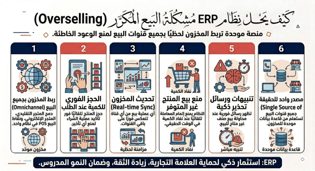 إنفوجرافيك عربي يوضح كيف يساعد نظام ERP في منع مشكلة البيع المتكرر Overselling عبر ربط المخزون بجميع قنوات البيع، الحجز الفوري للكمية، التحديث اللحظي، التنبيهات الذكية، ومنع بيع المنتجات غير المتوفرة