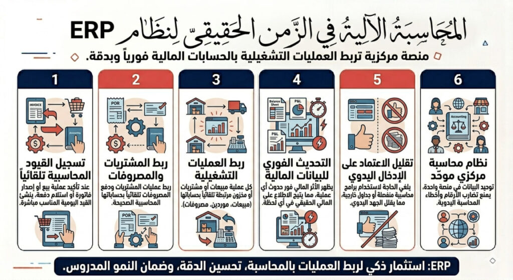 إنفوجرافيك عربي يوضح المحاسبة الآلية في الزمن الحقيقي داخل نظام ERP عبر ستة محاور تشمل تسجيل القيود تلقائيًا، ربط المشتريات والمصروفات، ربط العمليات التشغيلية، التحديث الفوري للبيانات المالية، تقليل الإدخال اليدوي، وتوحيد النظام المحاسبي