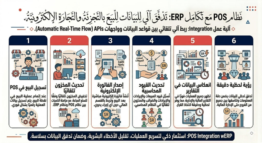 إنفوجرافيك عربي يوضح كيفية عمل تكامل POS مع نظام ERP عبر ست خطوات تشمل تسجيل البيع، تحديث المخزون، إصدار الفاتورة الإلكترونية، تحديث القيود المحاسبية، انعكاس البيانات في التقارير، وتوفير رؤية لحظية دقيقة