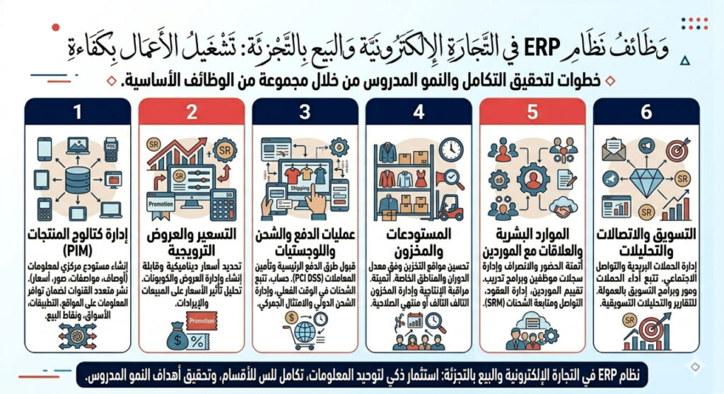 إنفوجرافيك عربي يوضح وظائف نظام ERP في التجارة الإلكترونية والبيع بالتجزئة عبر ستة محاور تشمل إدارة كتالوج المنتجات، التسعير والعروض، عمليات الدفع والشحن، المستودعات والمخزون، الموارد البشرية والموردين، والتسويق والتحليلات
