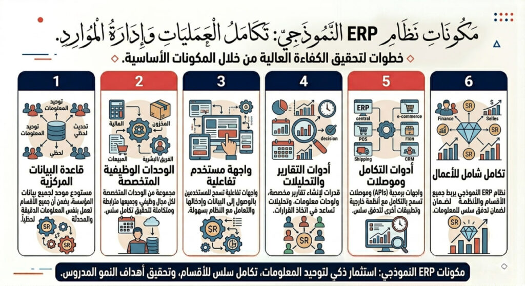 إنفوجرافيك عربي يوضح مكوّنات نظام ERP النموذجي عبر ستة عناصر تشمل قاعدة البيانات المركزية، الوحدات الوظيفية، واجهة المستخدم التفاعلية، أدوات التقارير والتحليل، أدوات التكامل والموصلات، والتكامل الشامل للأعمال