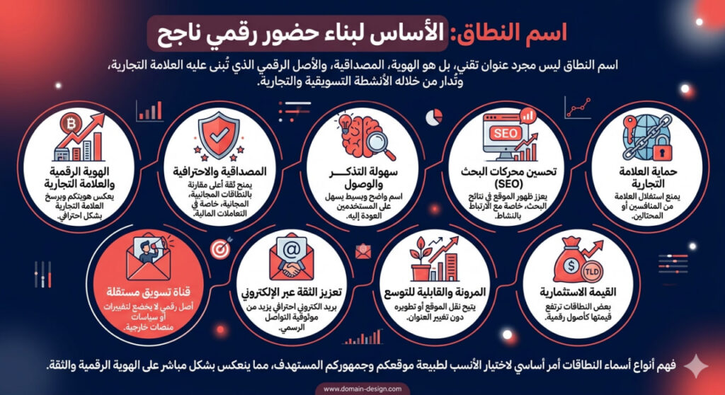 إنفوجرافيك عربي يوضح أهمية اسم النطاق في بناء حضور رقمي ناجح عبر تسعة عناصر تشمل الهوية الرقمية، المصداقية، سهولة التذكر، تحسين SEO، حماية العلامة التجارية، قناة تسويق مستقلة، البريد الاحترافي، التوسع، والقيمة الاستثمارية