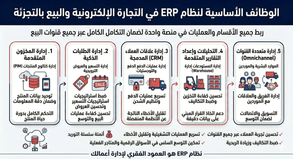 إنفوجرافيك عربي يوضح الوظائف الأساسية لنظام ERP في التجارة الإلكترونية والبيع بالتجزئة عبر خمس وحدات تشمل إدارة المخزون، إدارة الطلبات، CRM، التحليلات المتقدمة، والإدارة متعددة القنوات