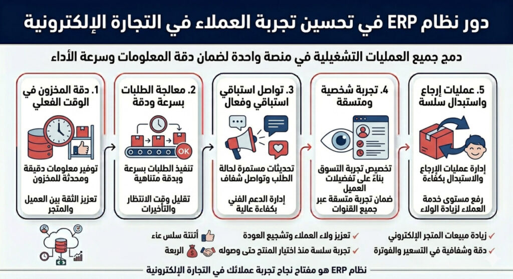 إنفوجرافيك يوضح 5 فوائد لنظام ERP في تحسين تجربة العميل في التجارة الإلكترونية، بدءاً من دقة المخزون ومعالجة الطلبات وصولاً إلى تجربة الإرجاع السلسة.