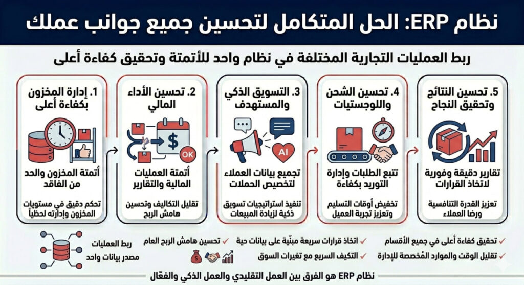 مخطط معلوماتي يوضح دور نظام ERP في ربط العمليات التجارية وتحسين المخزون والمالية والتسويق والشحن واتخاذ القرار داخل الشركات.