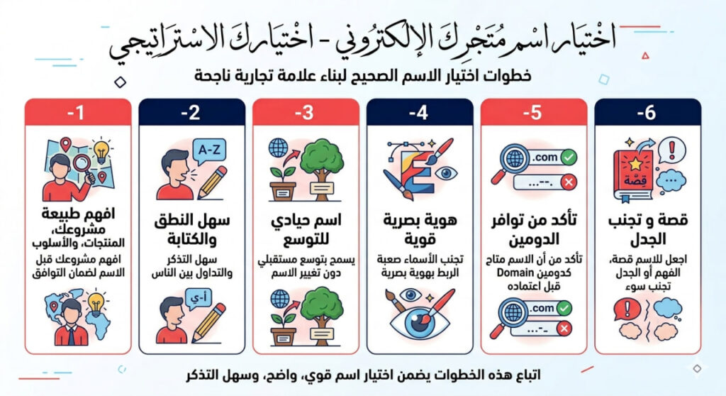 إنفوجرافيك عربي يوضح خطوات اختيار اسم متجر إلكتروني بشكل استراتيجي عبر ستة معايير تشمل فهم المشروع، سهولة النطق، الحيادية للتوسع، الهوية البصرية، توفر الدومين، ووجود قصة للاسم