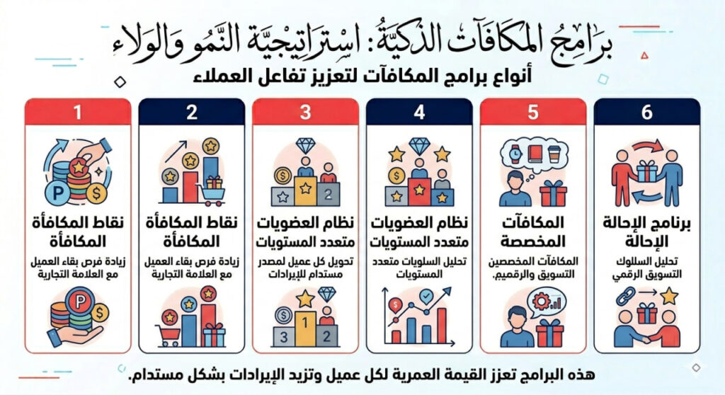 إنفوجرافيك عربي يوضح أنواع برامج المكافآت الذكية في التجارة الإلكترونية عبر ستة نماذج تشمل نقاط المكافأة، العضويات متعددة المستويات، المكافآت المخصصة، وبرامج الإحالة لتعزيز النمو والولاء