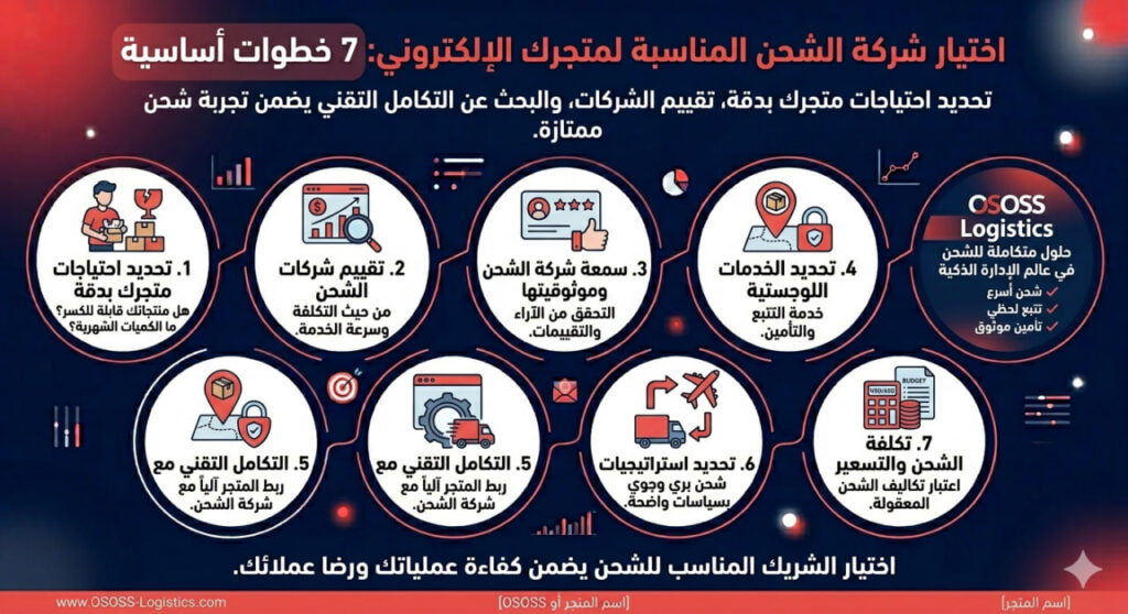إنفوجرافيك عربي يوضح خطوات اختيار شركة الشحن المناسبة لمتجر إلكتروني عبر سبع مراحل تشمل تحديد الاحتياجات، تقييم الشركات، التحقق من السمعة، الخدمات اللوجستية، التكامل التقني، استراتيجيات الشحن، وتكاليف الشحن، مع إبراز حلول OSOSS Logistics