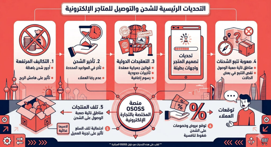 إنفوجرافيك عربي يوضح التحديات الرئيسية في الشحن والتوصيل للمتاجر الإلكترونية عبر ستة محاور تشمل التكاليف المرتفعة، تأخير الشحن، التعقيدات الدولية، صعوبة التتبع، تلف المنتجات، وتوقعات العملاء، مع إبراز حلول منصة OSOSS