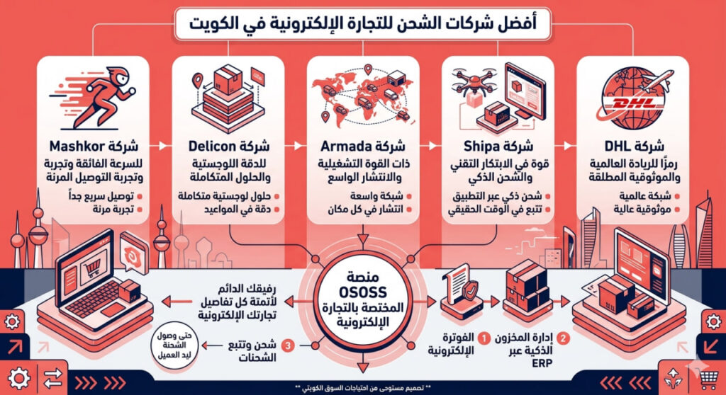 إنفوجرافيك عربي يعرض أفضل شركات الشحن للتجارة الإلكترونية في الكويت، يشمل Mashkor وDelicon وArmada وShipa وDHL، مع إبراز منصة OSOSS كحل متكامل لإدارة الشحن والتتبع