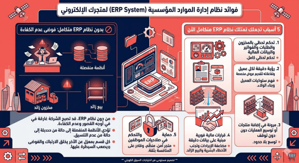 إنفوجرافيك عربي يوضح فوائد نظام ERP للمتاجر الإلكترونية عبر مقارنة بين العمل بدون نظام ERP وما يسببه من فوضى، وبين امتلاك نظام ERP متكامل يقدم تحكمًا لحظيًا ومرونة ورؤية دقيقة للعملاء وقرارات مالية فورية وحماية لصلاحيات الموظفين