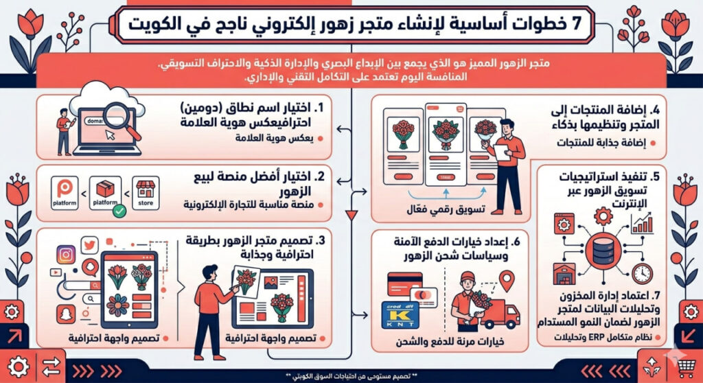 إنفوجرافيك عربي يوضح 7 خطوات أساسية لإنشاء متجر زهور إلكتروني ناجح في الكويت، يشمل اختيار الدومين، منصة البيع، تصميم المتجر، إضافة المنتجات، التسويق، إعداد الدفع والشحن، وإدارة المخزون والتحليلات