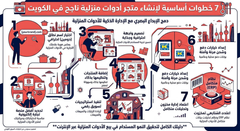 إنفوجرافيك عربي يوضح 7 خطوات أساسية لإنشاء متجر أدوات منزلية إلكتروني ناجح في الكويت، يشمل اختيار الدومين، منصة التجارة، تصميم الواجهة، إضافة المنتجات، التسويق الرقمي، إعداد الدفع والشحن، وإدارة المخزون عبر ERP