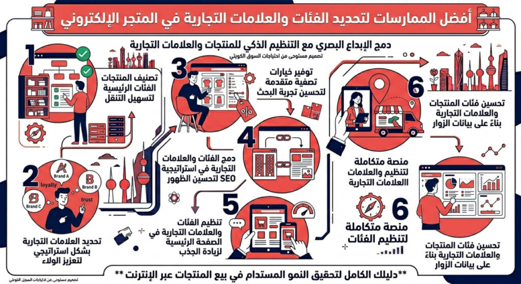 إنفوجرافيك عربي يوضح أفضل الممارسات لتحديد الفئات والعلامات التجارية في المتجر الإلكتروني عبر ست خطوات تشمل تصنيف المنتجات، تحديد العلامات التجارية، خيارات التصفية، دمج SEO، تنظيم الصفحة الرئيسية، وتحسين الفئات بناءً على بيانات الزوار
