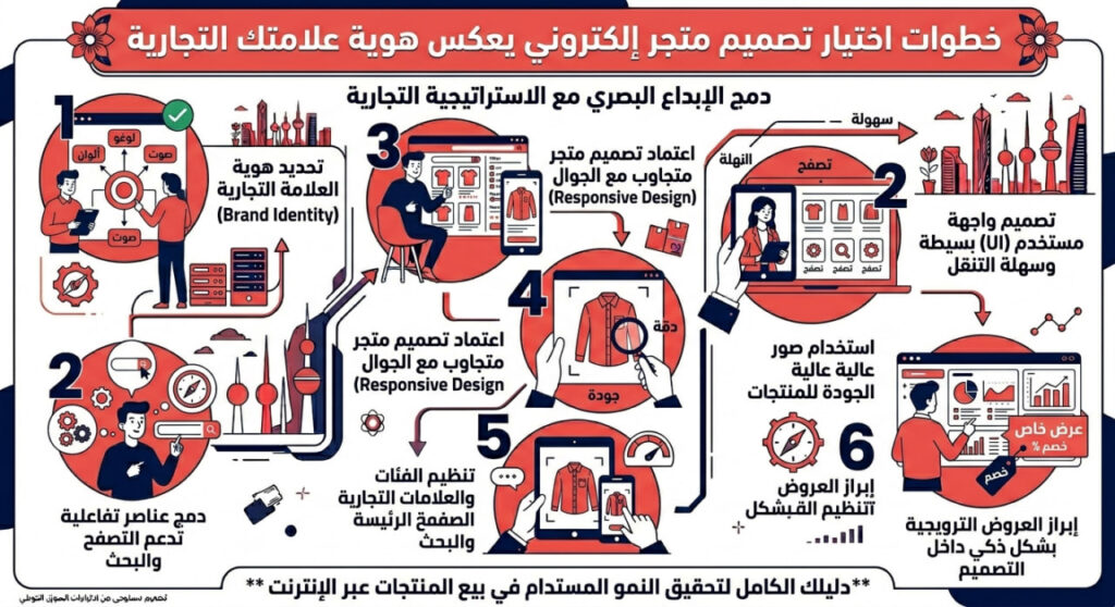 إنفوجرافيك عربي يوضح خطوات اختيار تصميم متجر إلكتروني يعكس هوية العلامة التجارية عبر ست مراحل تشمل تحديد الهوية البصرية، تصميم واجهة مستخدم سهلة، اعتماد تصميم متجاوب، استخدام صور عالية الجودة، تنظيم الفئات والعلامات التجارية، وإبراز العروض الترويجية