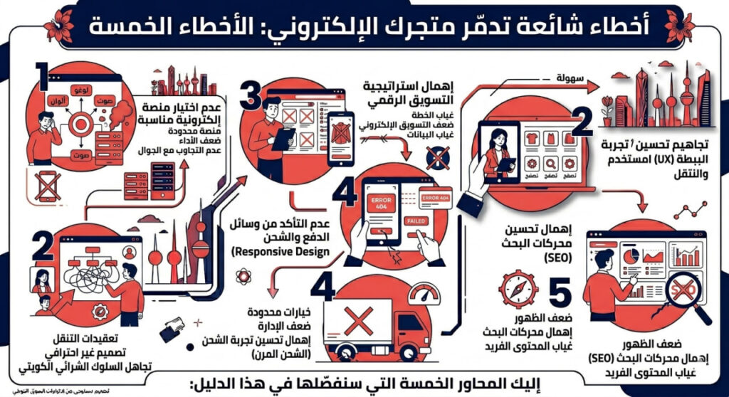 إنفوجرافيك عربي يوضح الأخطاء الشائعة التي تدمّر المتاجر الإلكترونية عبر خمسة محاور تشمل اختيار منصة غير مناسبة، ضعف تجربة المستخدم، إهمال التسويق الرقمي، مشاكل الدفع والشحن، وإهمال تحسين محركات البحث SEO