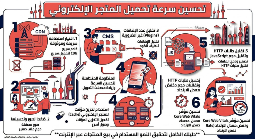 إنفوجرافيك عربي يوضح خطوات تحسين سرعة تحميل المتجر الإلكتروني عبر ست ممارسات تشمل اختيار استضافة سريعة، ضغط الصور، تقليل الإضافات، تفعيل التخزين المؤقت، تقليل طلبات HTTP وملفات JavaScript، وتحسين مؤشرات Core Web Vitals