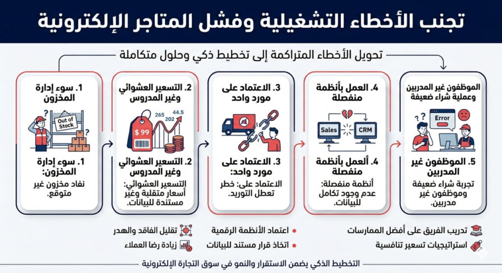 إنفوجرافيك عربي يوضح أخطاء تشغيلية شائعة في المتاجر الإلكترونية تشمل سوء إدارة المخزون، التسعير العشوائي، الاعتماد على مورد واحد، العمل بأنظمة منفصلة، وضعف تدريب الموظفين وتجربة الشراء