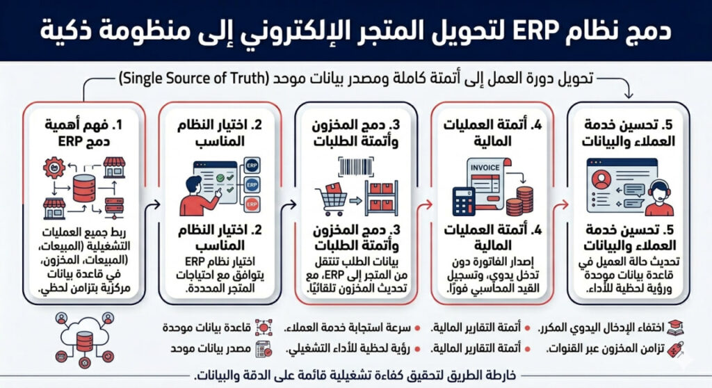 إنفوجرافيك عربي يوضح خطوات دمج نظام ERP لتحويل المتجر الإلكتروني إلى منظومة ذكية عبر خمس مراحل تشمل فهم أهمية الدمج، اختيار النظام المناسب، أتمتة المخزون والطلبات، أتمتة العمليات المالية، وتحسين خدمة العملاء والبيانات