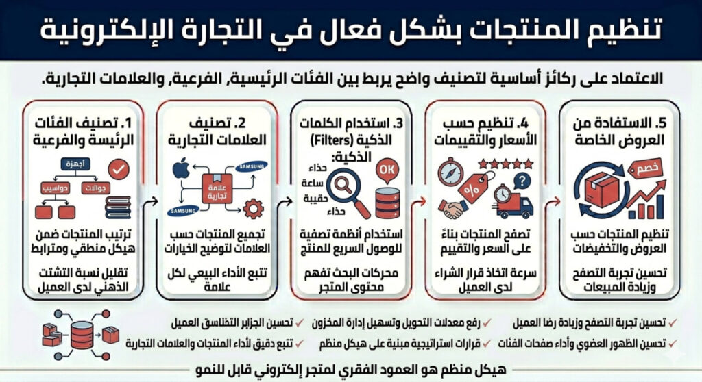 مخطط معلوماتي يوضح أسس تنظيم المنتجات في التجارة الإلكترونية من خلال تصنيف الفئات، العلامات التجارية، الفلاتر، الأسعار، والعروض لتحسين تجربة التصفح وزيادة المبيعات.