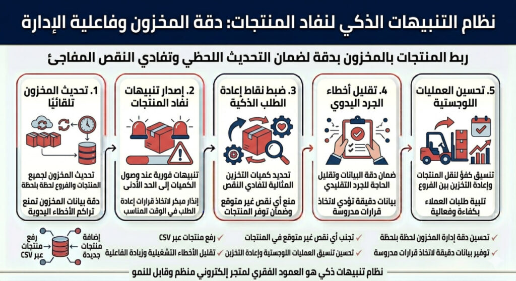 مخطط معلوماتي يوضح آلية عمل نظام التنبيهات الذكي لنفاد المنتجات عبر تحديث المخزون تلقائيًا، إصدار تنبيهات فورية، وضبط نقاط إعادة الطلب لتحسين إدارة المخزون.