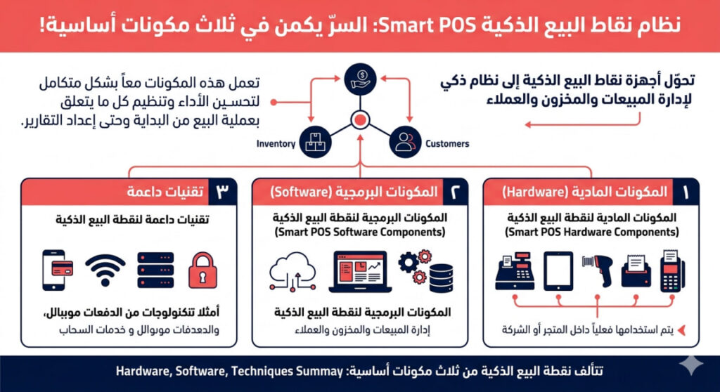 إنفوجرافيك عربي يوضح مكونات نظام نقاط البيع الذكية Smart POS عبر ثلاثة عناصر رئيسية: المكونات المادية، المكونات البرمجية، والتقنيات الداعمة، مع رسومات لعمليات البيع والمخزون والعملاء