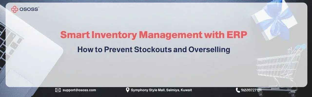 An OSOSS promotional web header banner highlighting Smart Inventory Management with ERP and strategies to prevent stockouts and overselling in e-commerce.
