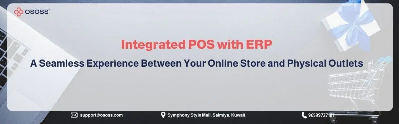 An OSOSS promotional web header banner highlighting an Integrated POS with ERP system for a seamless experience between online stores and physical outlets.