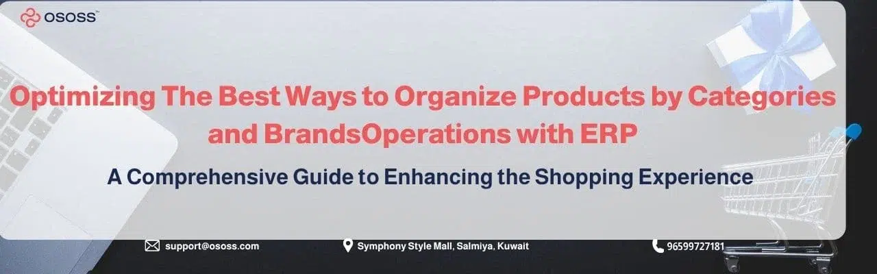 Banner graphic for Organizing Products by Categories and Brands guide presented by ososs with shopping cart and gift elements.