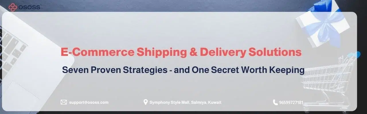 An Ososs banner graphic illustrating effective E-Commerce Shipping and Delivery Solutions, featuring a laptop, shopping cart, and wrapped gift box.
